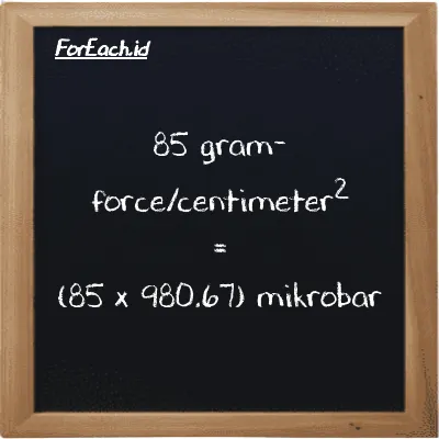 Cara konversi gram-force/centimeter<sup>2</sup> ke mikrobar (gf/cm<sup>2</sup> ke µbar): 85 gram-force/centimeter<sup>2</sup> (gf/cm<sup>2</sup>) setara dengan 85 dikalikan dengan 980.67 mikrobar (µbar)